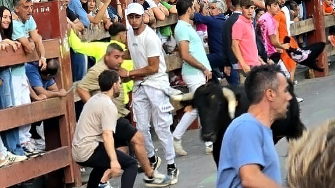 Toro asta partida en un encierro