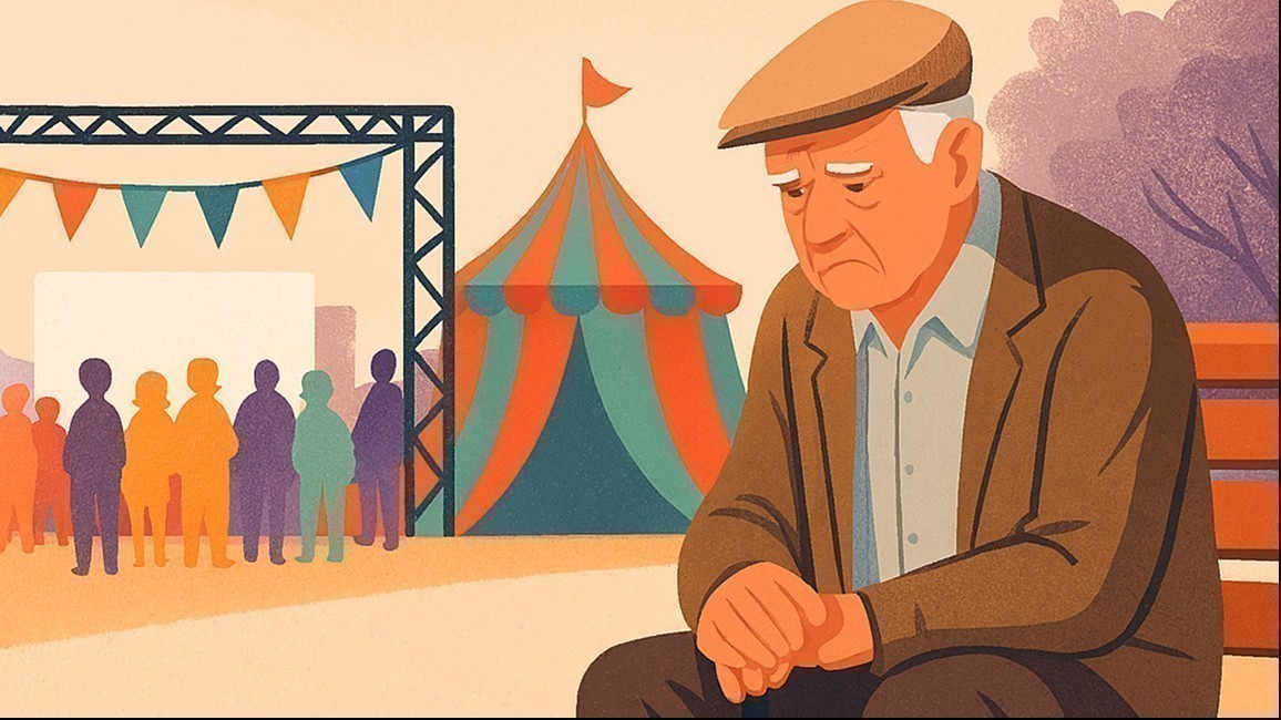 Persona mayor sentado junto a unas fiestas