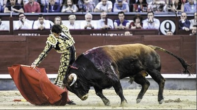 El torero Álvaro Burdiel en un lance en la Plaza de Las Ventas